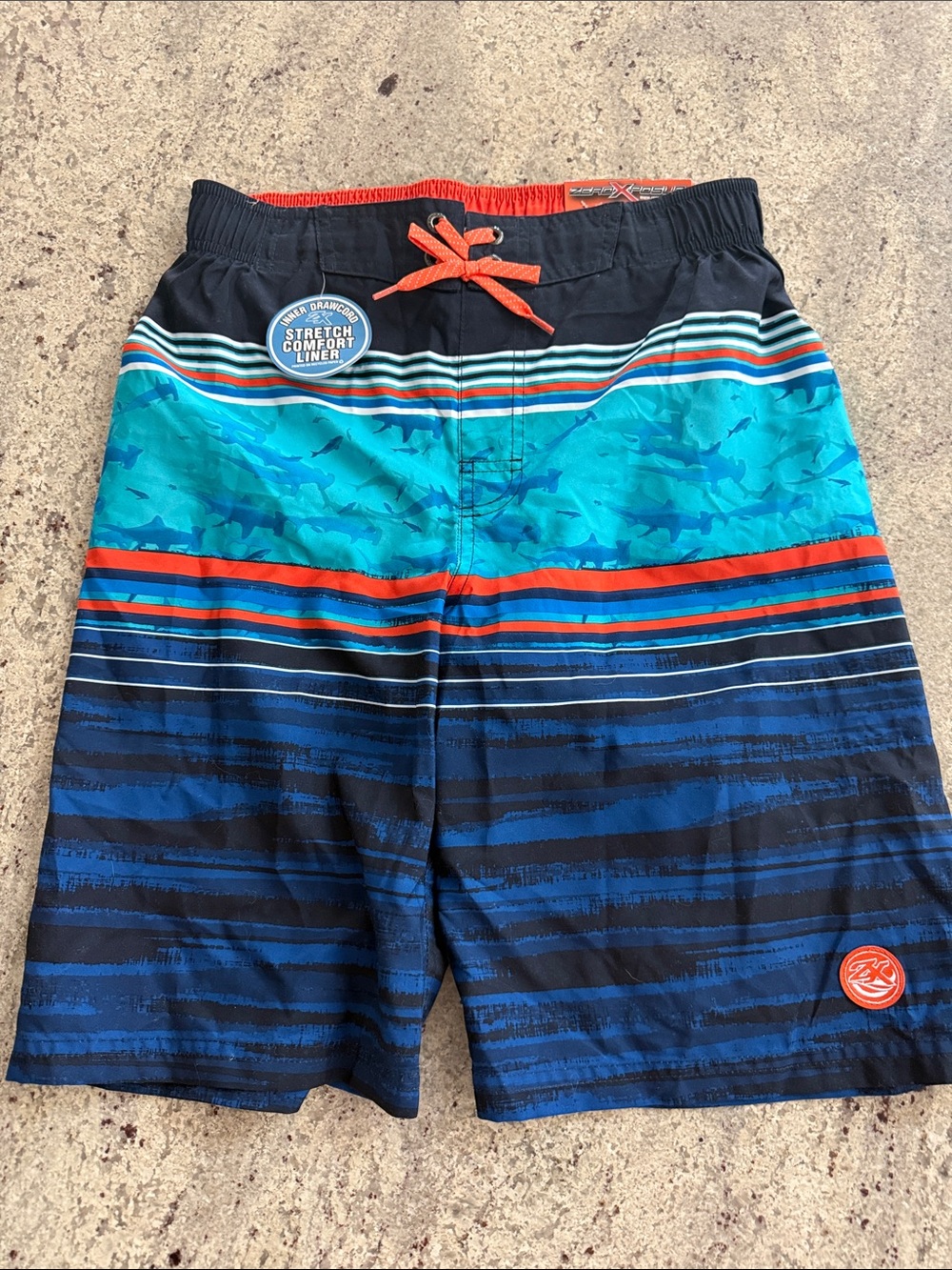 ZeroXposur Boys' Turquoise Navy Orange Shark-Print Swim Trunks